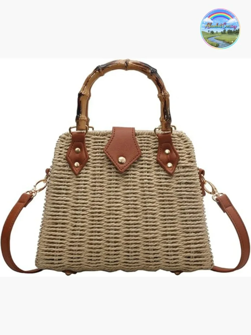 Handwoven Straw Crossbody Bag Bamboo Handle Hobo Shoulder Purse